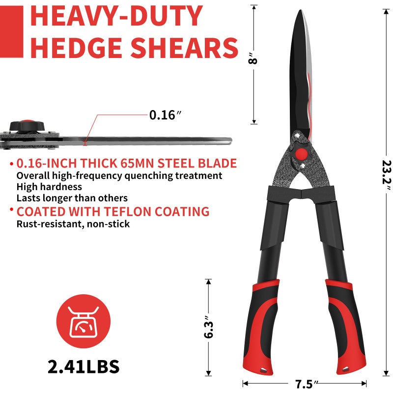 GARTOL 23-Inch Hedge Shears with 9â€˜â€™ Extra Thick High Carbon Steel Wavy-Blade, Precision Cutting | Rust-Resistant Ergonomic Handles with TPR Grip, Adjustable Tension Knob & Shock-Absorbing Bumpers - Image 2